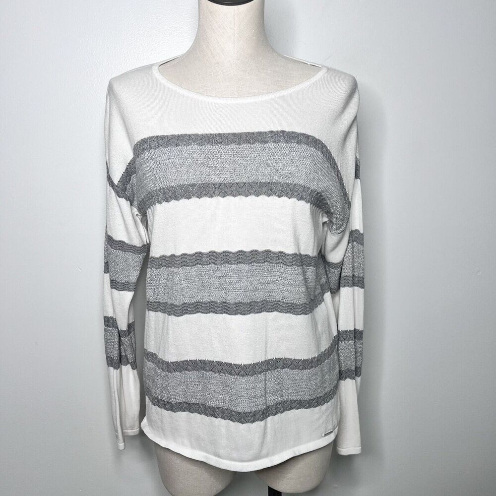 Calvin Klein Pullover Sweater White & Gray Striped Lightweight Size Small